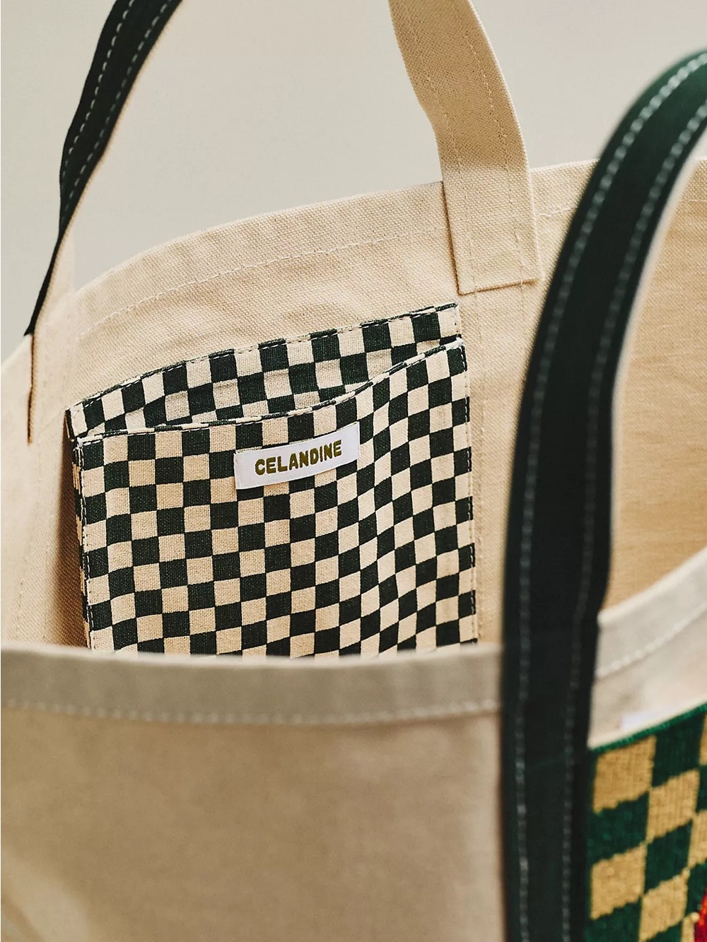 NWT Celandine Hartley Large Canvas Tote Green Check Lobster Beaded Anthropologie - Picture 3 of 7